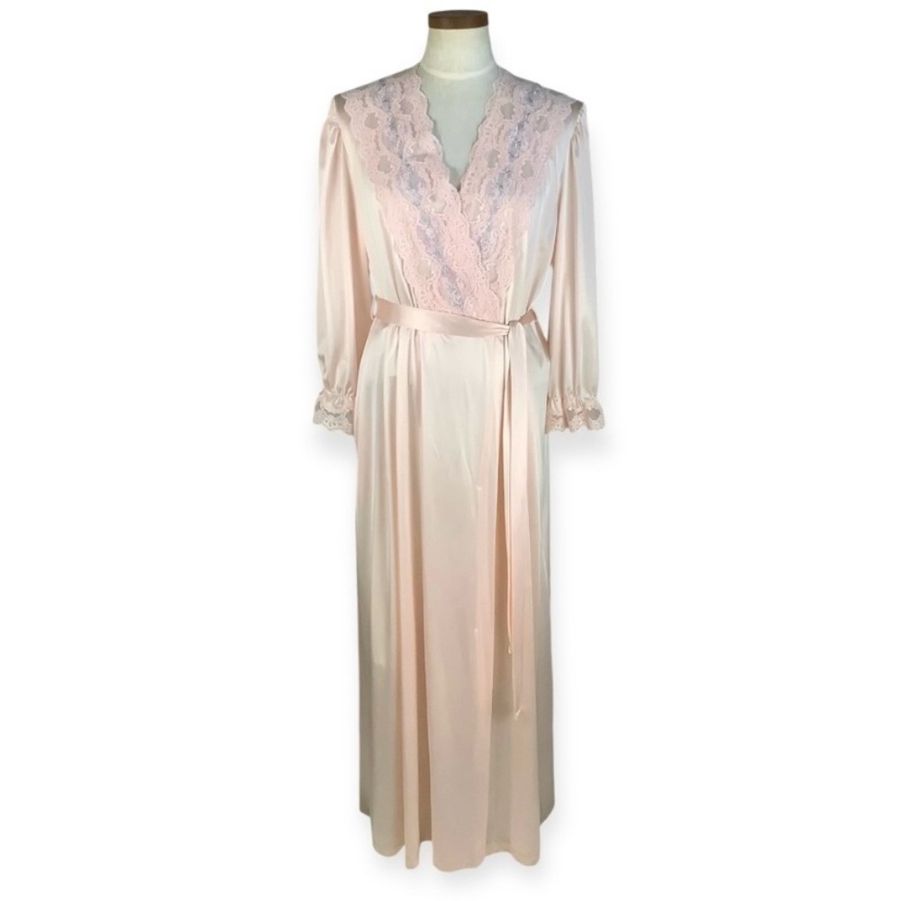 Vintage Vanity Fair Long Nylon Lace Peach Belted Robe Sz M